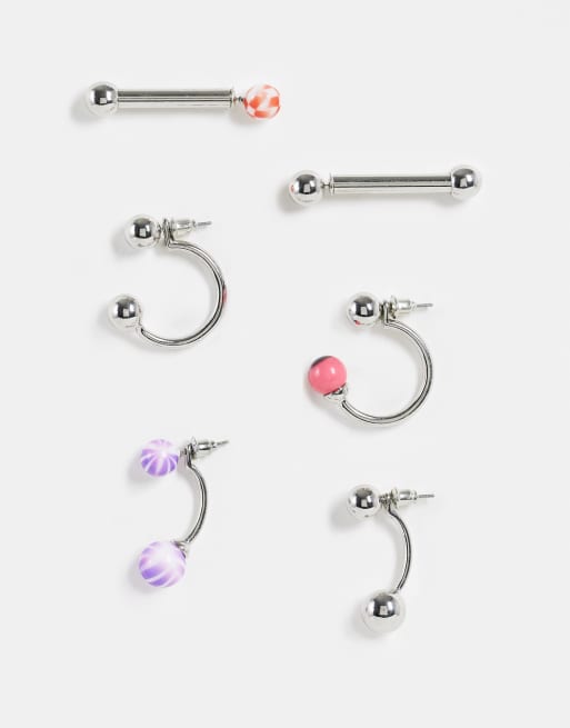 ASOS DESIGN - Pakke med 6 blandede øreringe i pierced ball-design i sølvfarve