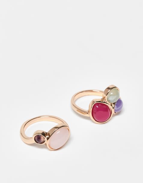 ASOS DESIGN - Pakke med to guldfarvede ringe med klynge af krystaller og imiterede halvædelsten - view 1