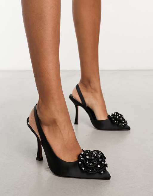 ASOS DESIGN – Palace – Absatzschuhe in Schwarz mit Fersenriemchen und Ansteckblume