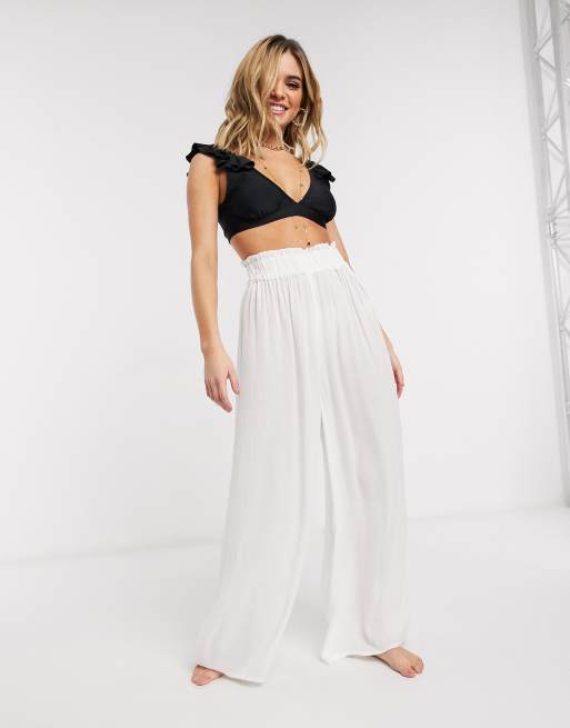 ASOS DESIGN - Palazzo - Gekreukte strandbroek met wijde pijpen in wit