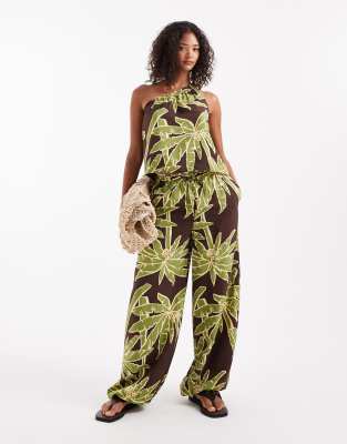 ASOS DESIGN - Palazzo-Hose mit Palmenmuster, Kombiteil-Bunt