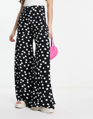 Asos Design Palazzo Pants In Black Polka Dot Print-multi