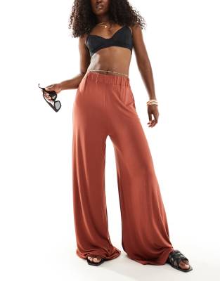 ASOS DESIGN - Palazzo-Strandhose aus Jersey in Braun