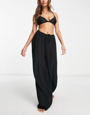 ASOS DESIGN - Palazzo-Strandhose in Schwarz mit Kordelzug