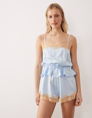 Asos Design Pale Blue Satin Romper With Peach Lace-no Color