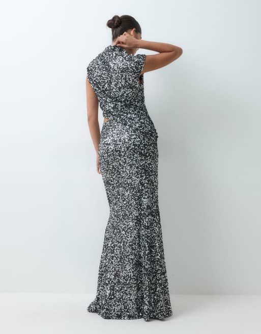 ASOS DESIGN paljettmaxiklänning med draperad detalj upptill i silver, 3 av 5