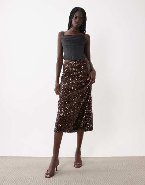ASOS DESIGN paljettmidi-kjol i chokladbrun - view 1