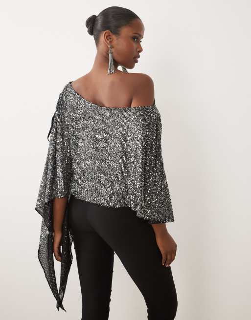 ASOS DESIGN paljettopp med asymmetrisk bara axlar och capärm i silver, 4 av 4