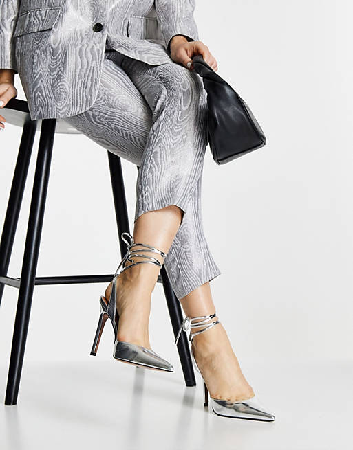 Women Heels/Pally tie leg high heeled shoes in silver 