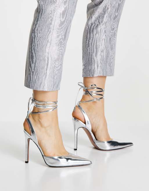 ASOS DESIGN Pally tie leg high heeled shoes in silver