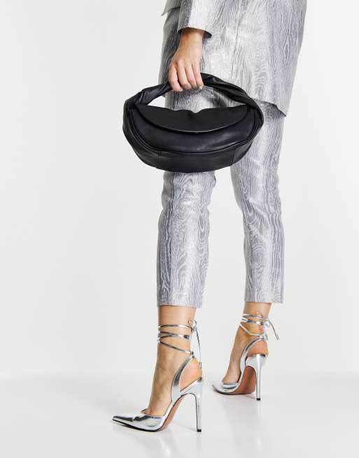 ASOS DESIGN Pally tie leg high heeled shoes in silver