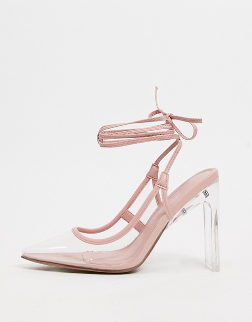 ASOS DESIGN Palm tie leg high shoes in beige and clear