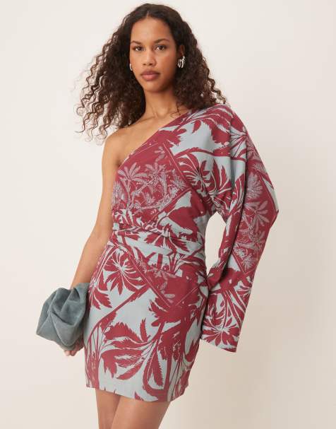ASOS DESIGN – Palmmönstrad, asymmetrisk miniklänning med en ärm - view 1