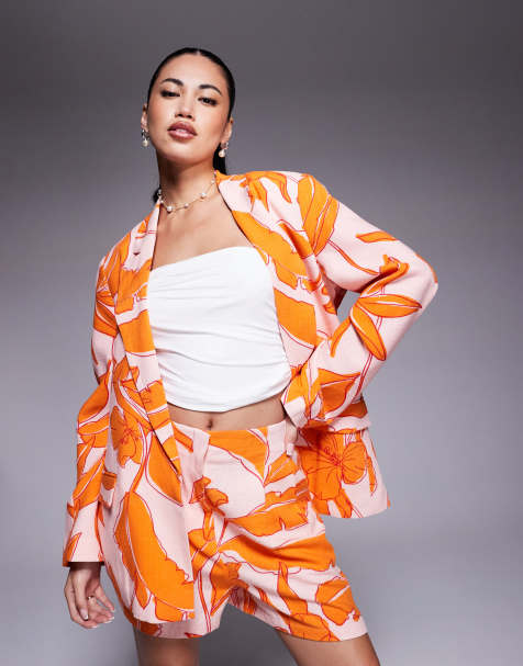 ASOS DESIGN – Palmmönstrade, figursydda shorts i linnemix med hög midja och dekorativ söm, del av set - view 1