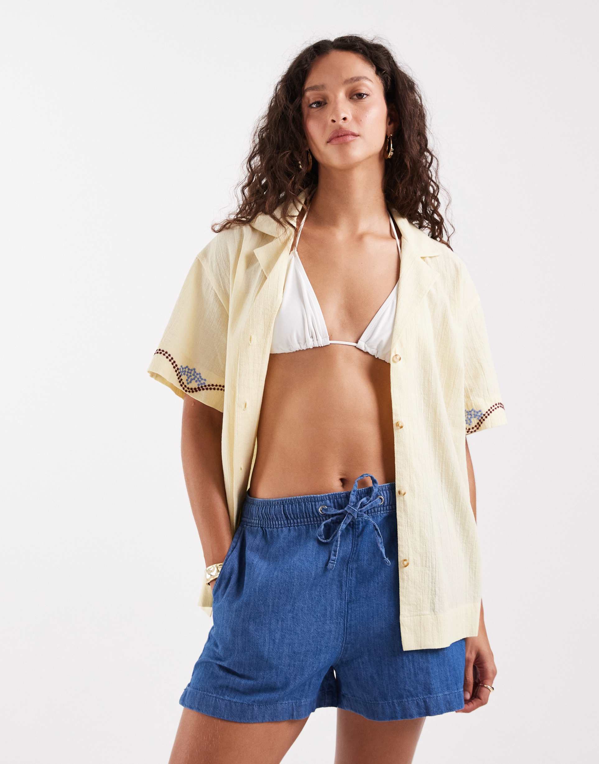 asos design paloma beach shirt with palm embroidery in lemon