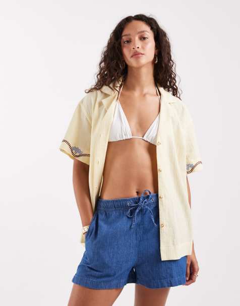 ASOS DESIGN – Paloma – Strandhemd in Zitronengelb mit Palmen-Stickerei - view 1