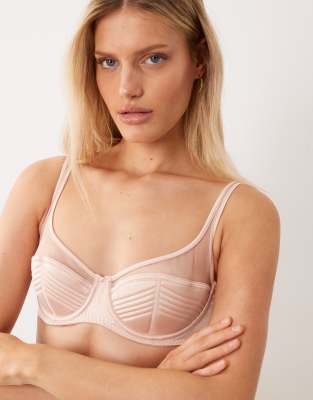 ASOS DESIGN - Pamela - Gesteppter Balconette-BH aus Satin und Netzstoff in Pastellrosa mit Bügel und hohem Trägeransatz-...