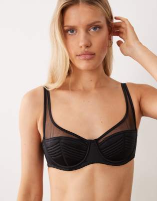ASOS DESIGN - Pamela - Gesteppter Balconette-BH aus Satin und Netzstoff in Schwarz mit Bügel und hohem Trägeransatz