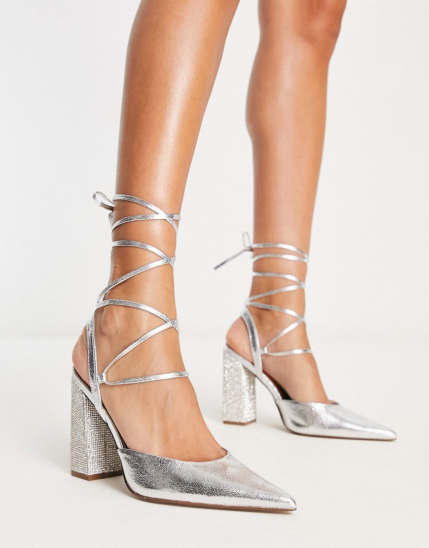 Panda embellished tie leg block heeled shoes in silver
