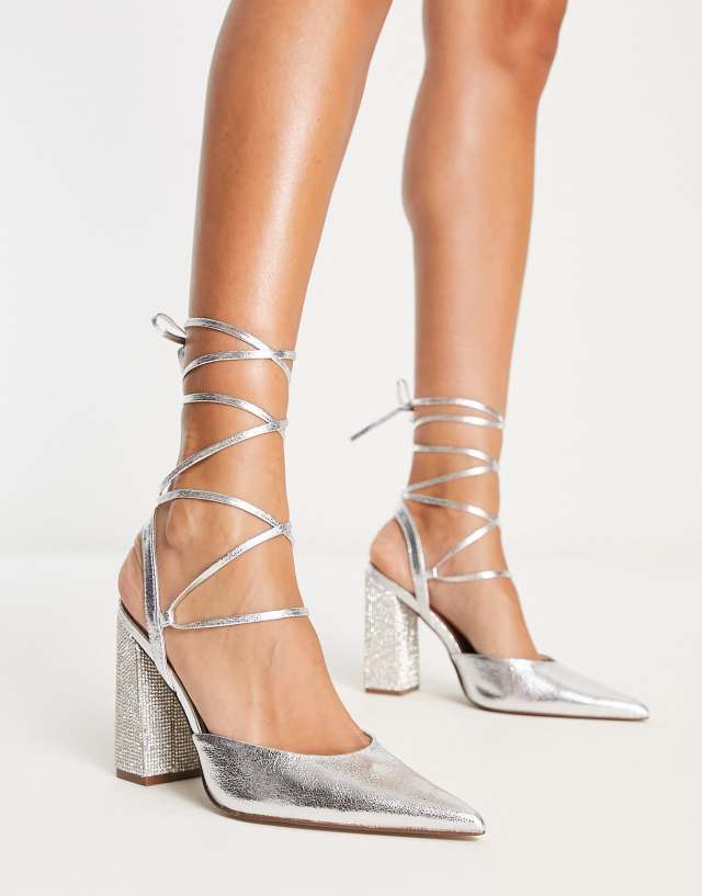 ASOS DESIGN Panda embellished tie leg block heeled shoes in silver