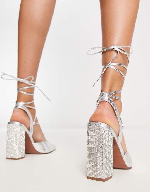 lace up silver block heels