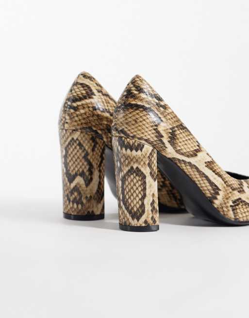 ASOS DESIGN Panda high block heel court shoes in snake, 4 of 4