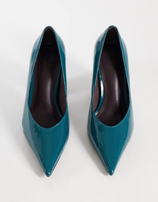 ASOS DESIGN Panda pumps med hög blockklack i teal lack, 2 av 4