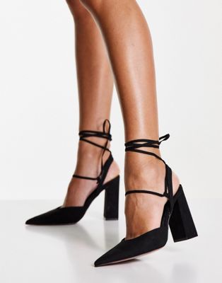 ASOS DESIGN Panda tie leg block heeled shoes in black | ASOS