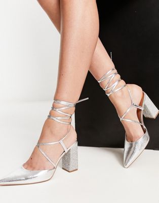 ASOS DESIGN Pandi embellished tie leg block heeled shoes in silver - ASOS Price Checker