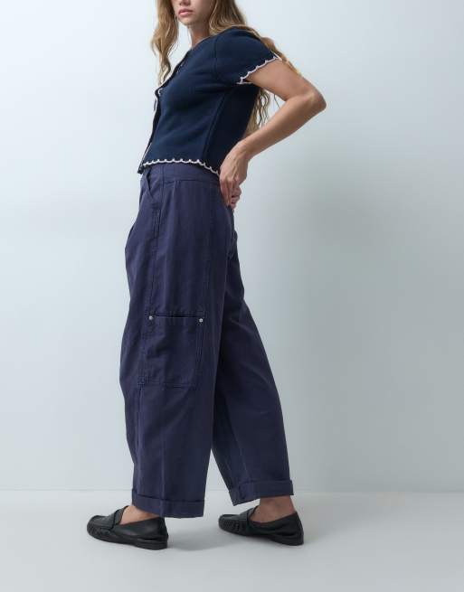 ASOS DESIGN panel barrel pant with side cinch in navy, 2 of 5