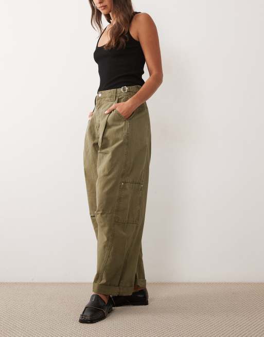 ASOS DESIGN panel barrel trouser with side cinch in dark khaki, 2 of 5