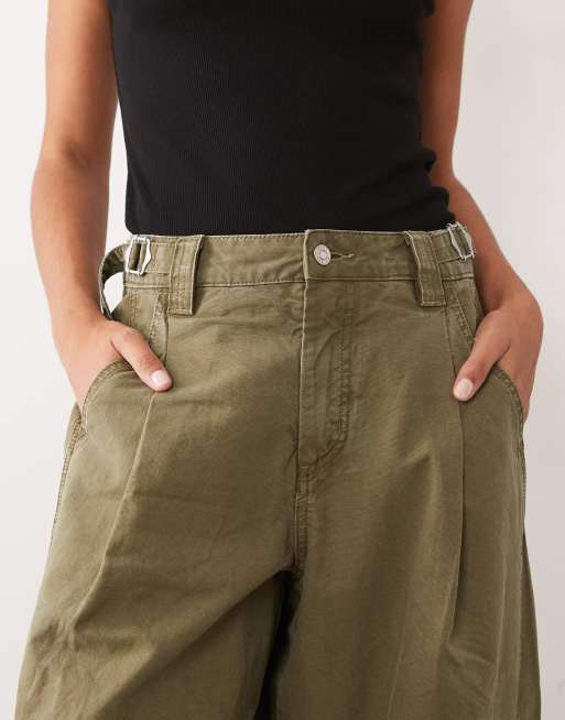 ASOS DESIGN panel barrel trouser with side cinch in dark khaki, 3 of 5