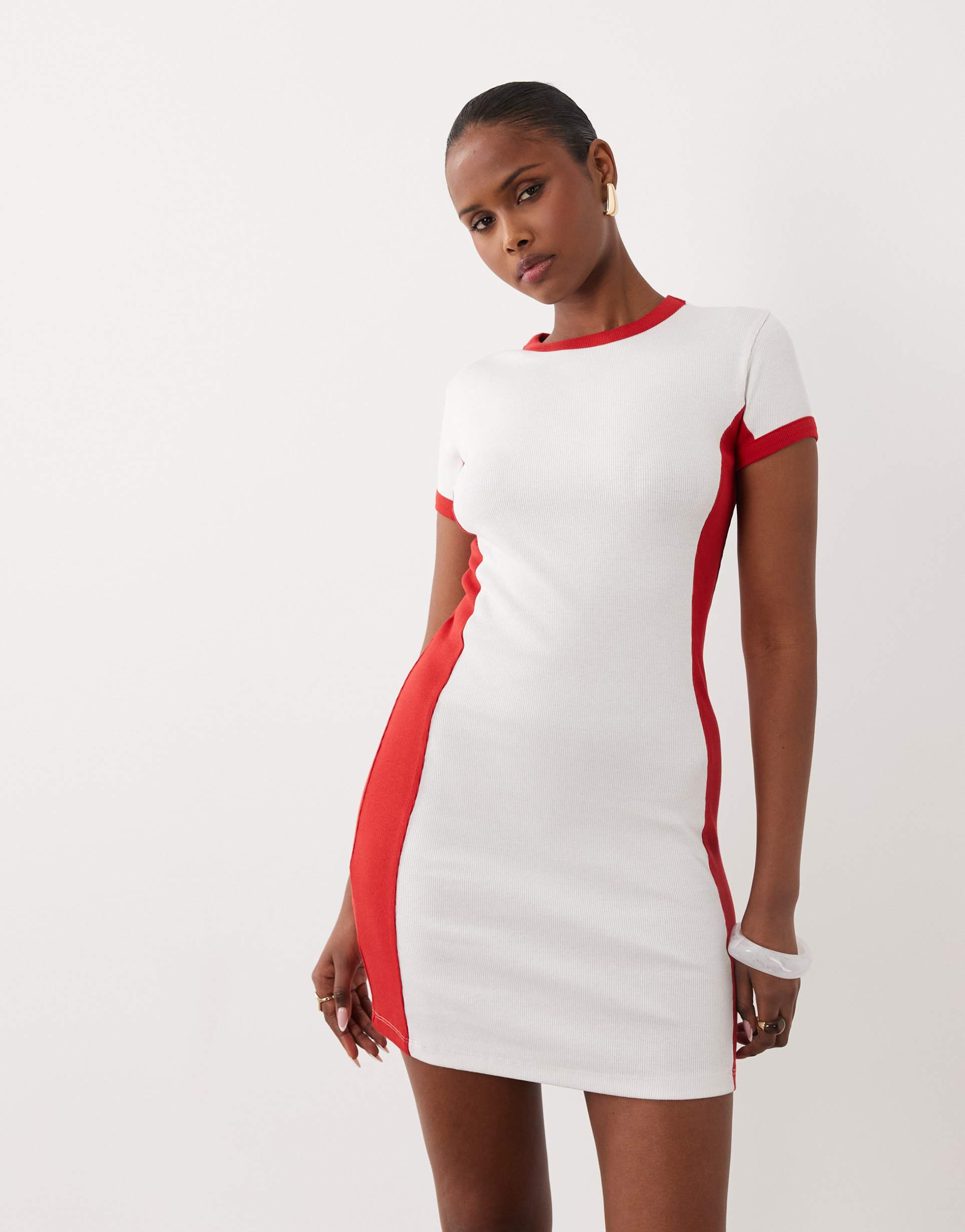 asos design panel detailing t-shirt mini dress in red with white color block