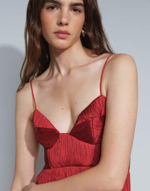 ASOS DESIGN paneled fringe cami mini dress in brick red, 4 of 5