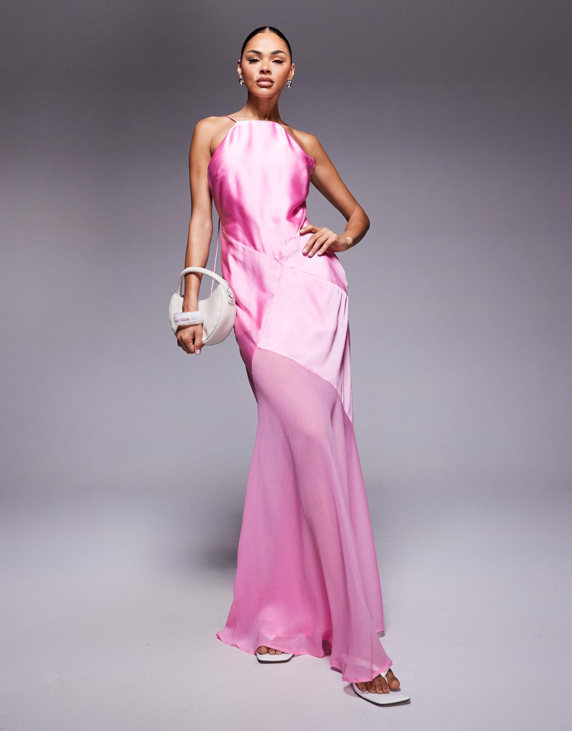 asos design paneled satin maxi dress with chiffon skirt in pink