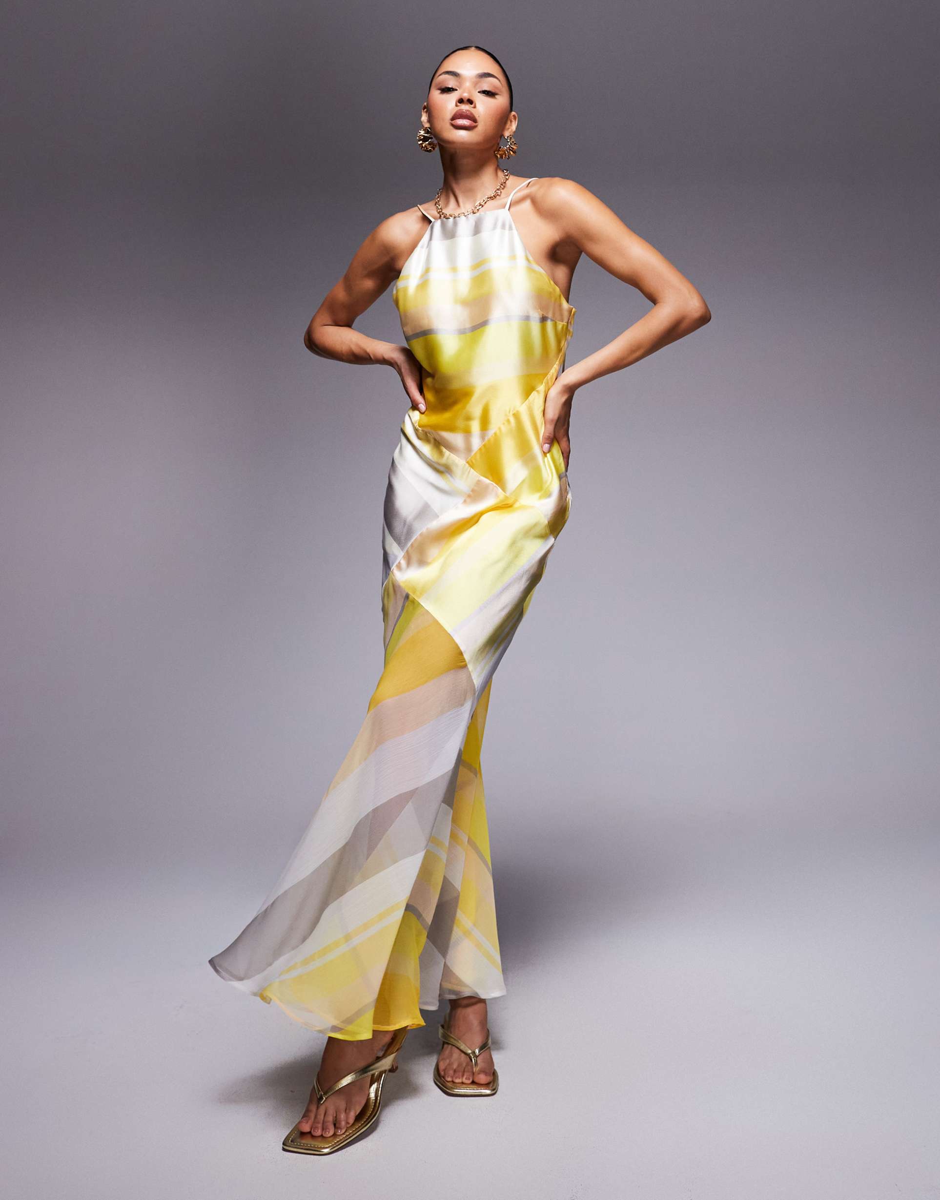 asos design paneled satin maxi dress with chiffon skirt in yellow stripe print
