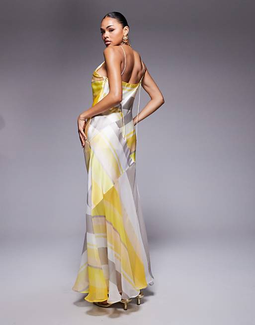 asos yellow satin dress DESIGN long sleeve high neck plaid midi in pastel this dress is a versatile addition to your winter wardrobe. Yellow Satin Dresses | Shop