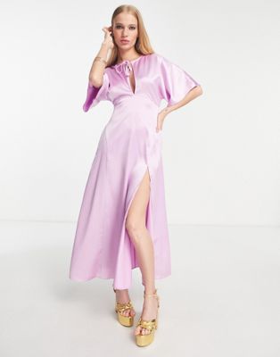 ASOS DESIGN paneled satin midi dress with keyhole in lilac