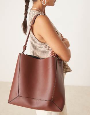 Asos Design Paneled Tote Bag With Knot Handle In Brown