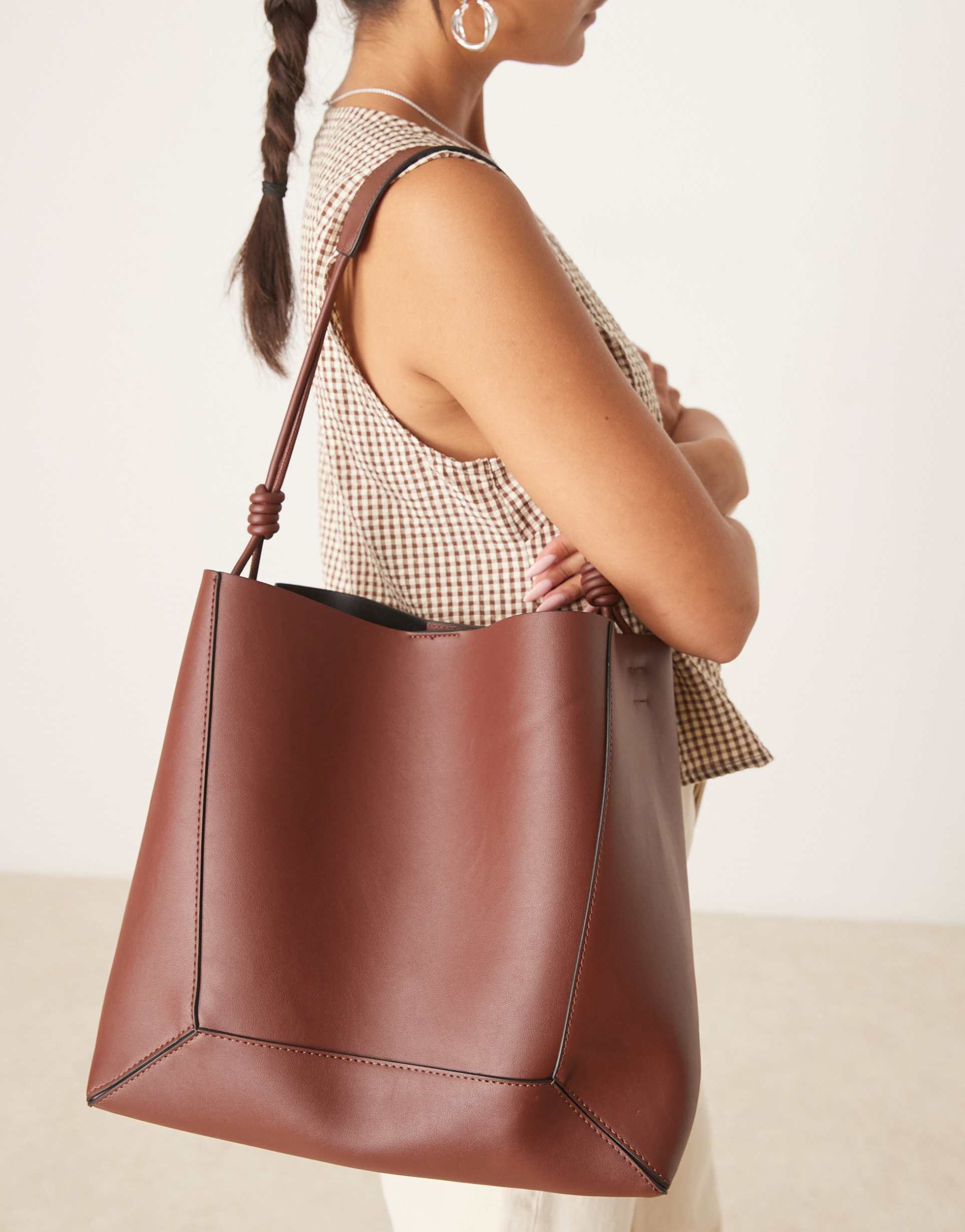 asos design paneled tote bag with knot handle in brown