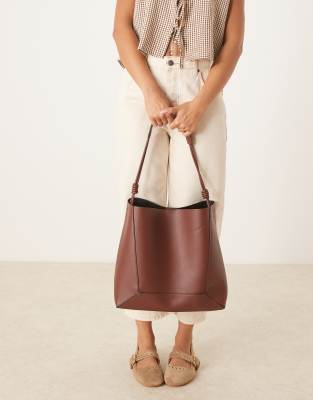 Asos Design Paneled Tote Bag With Knot Handle In Brown