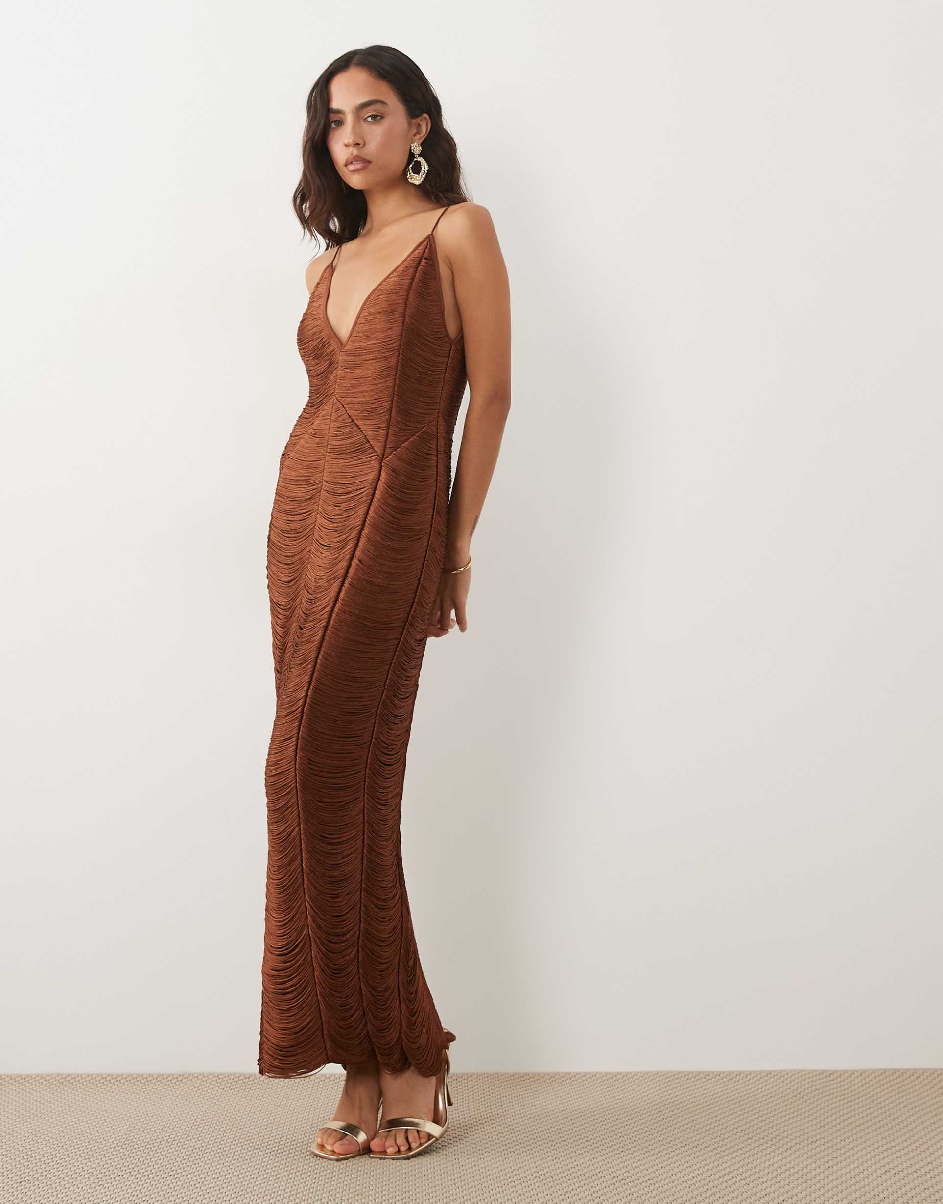 asos design paneled v neck cami fringe midi dress in brown