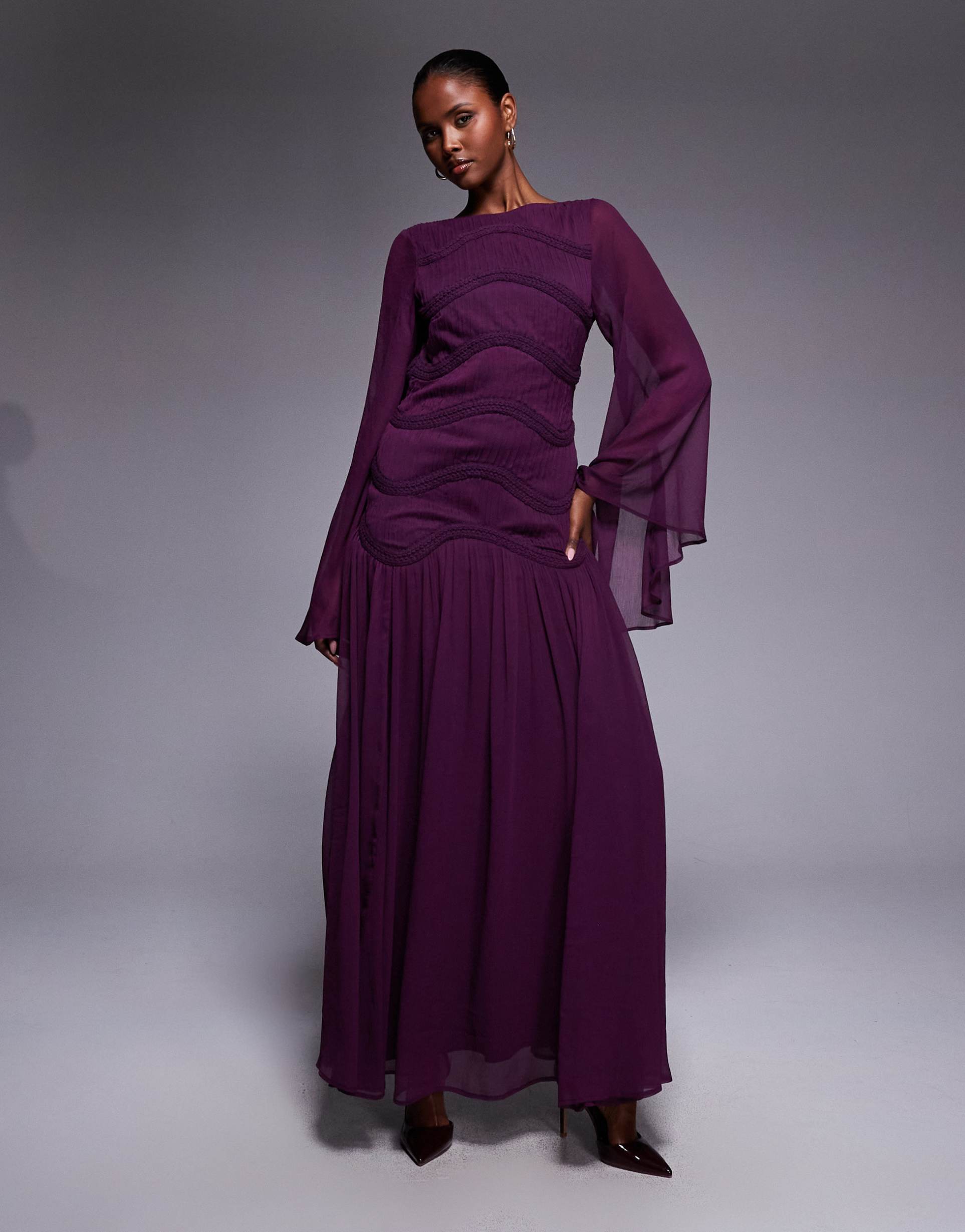 asos design panelled bodice long sleeve maxi dress with lace trims in berry