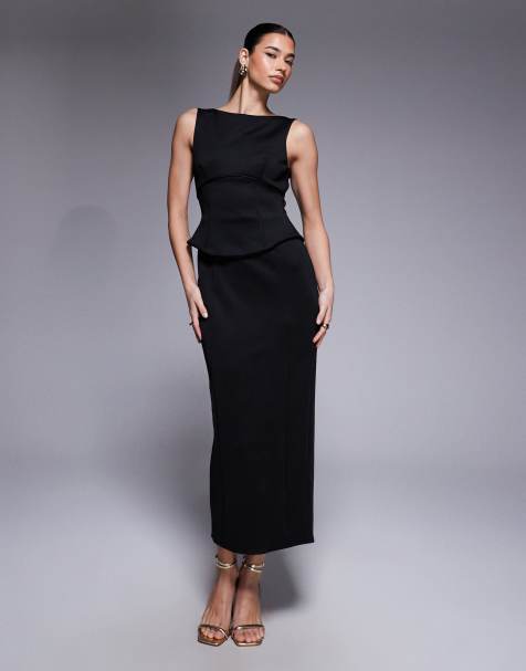 ASOS DESIGN pencil midi dress with peplum corset bodice in black scuba-style fabric