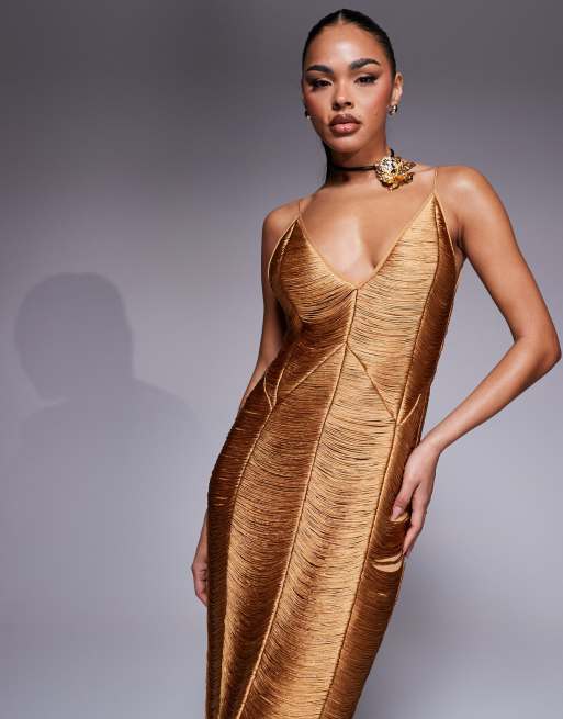 ASOS DESIGN panelled cami fringe maxi dress in gold