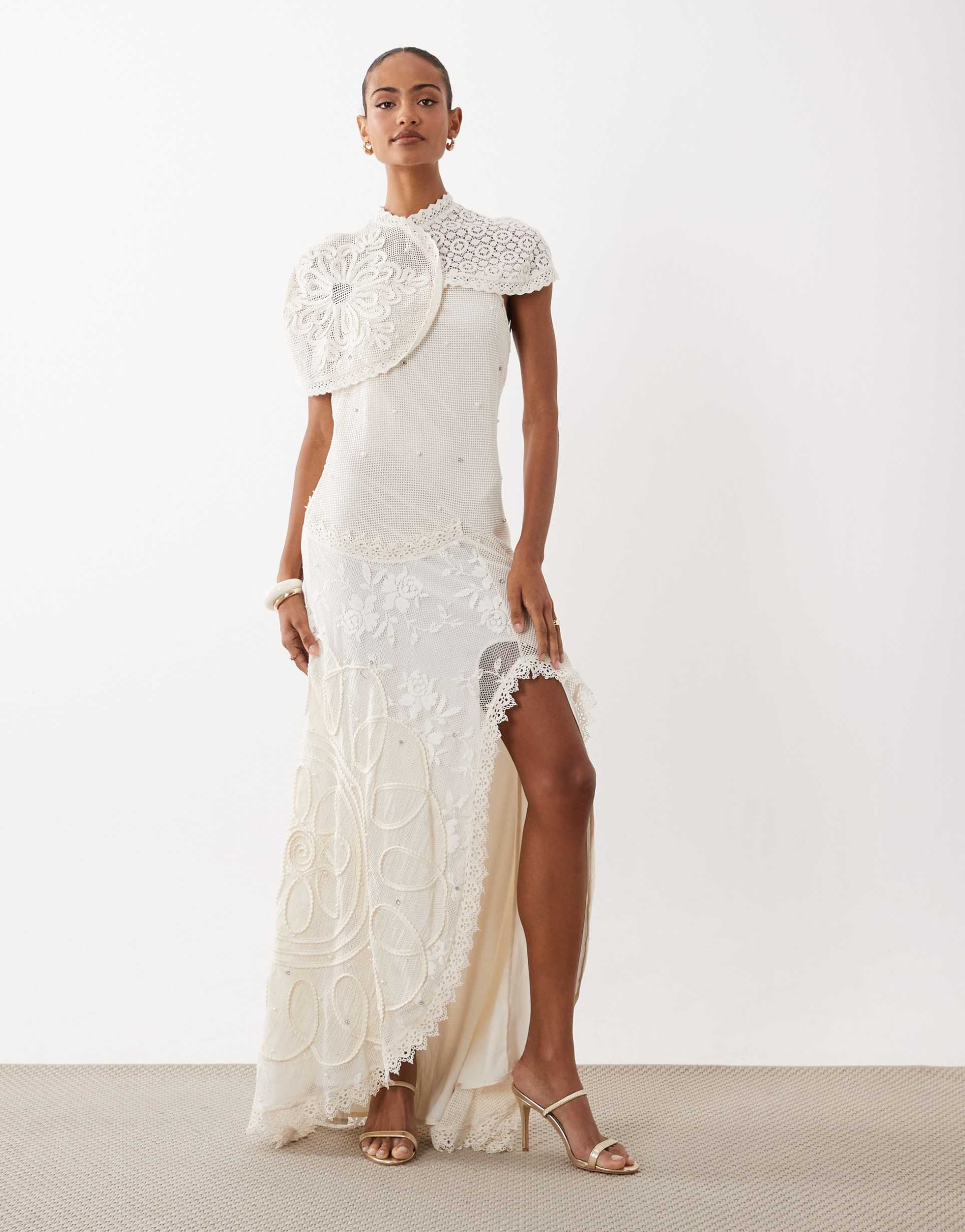 asos design panelled crochet maxi dress with scattered pearl & diamante embellishment in cream