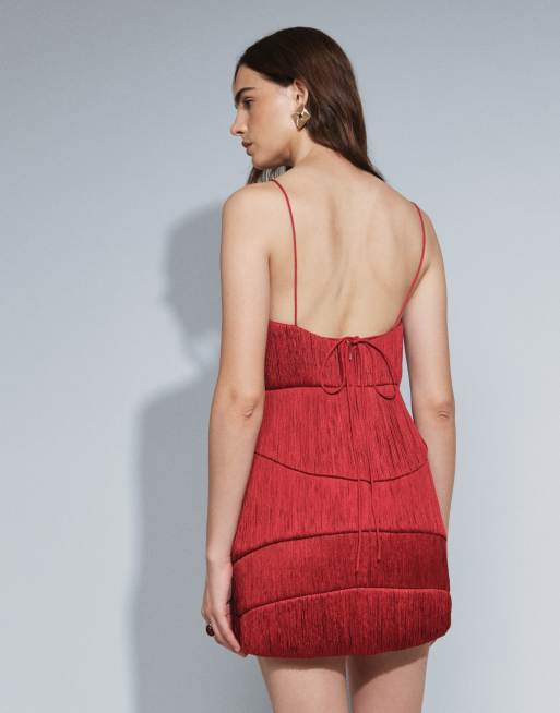 ASOS DESIGN panelled fringe cami mini dress in brick red, 5 of 5