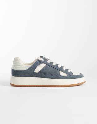  panelled lace up trainers in grey blue