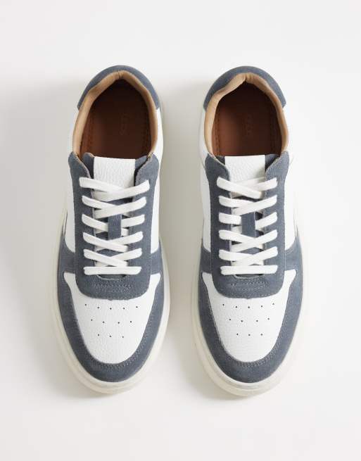 ASOS DESIGN panelled lace up trainers with gum sole in white leather and blue suede, 3 of 5