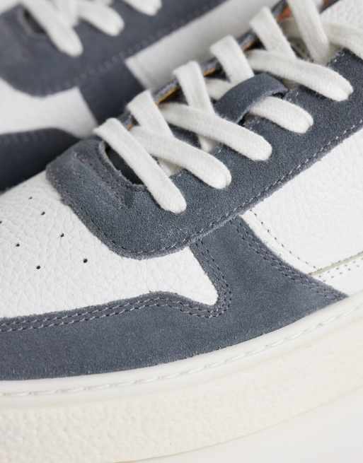ASOS DESIGN panelled lace up trainers with gum sole in white leather and blue suede, 4 of 5